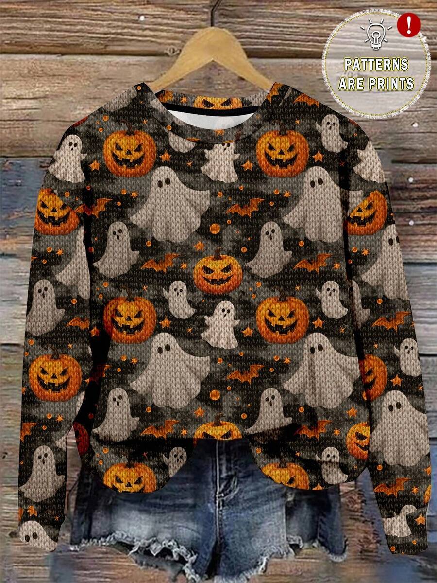 EMERY ROSE Áo nỉ chui đầu cổ tròn tay dài dáng rộng in hình ma, dơi, bí ngô giả Halloween cỡ lớn dành cho nữ, mùa thu/đông - Nhiều màu - Xem 1