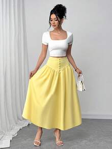 Firerie 新款休闲百搭轻薄仿亚麻喇叭裙，夏日度假波西米亚风优雅休闲裙 - 黃色 - 查看 4