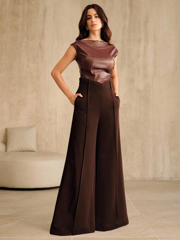 Women's Solid Color High-Waisted V-Shaped Fashion Pocket Flare Pants, Elegant For Autumn/Winter