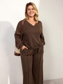Momelise Setelan Sweatshirt dan Celana Kasual Warna Polos untuk Wanita Ukuran Besar, Musim Gugur/Musim Dingin - Coklat - View 6