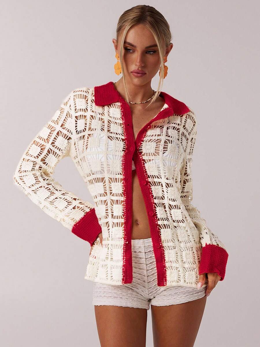 SHEIN Forever 21 休闲夏季茶会海滩度假秋冬季撞色滚边毛衣 - 紅色 - 查看 1