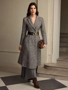 ZEYLAH Áo khoác dài thắt eo thêu cho nữ, mùa thu/đông - Cà phê nâu - Xem 1