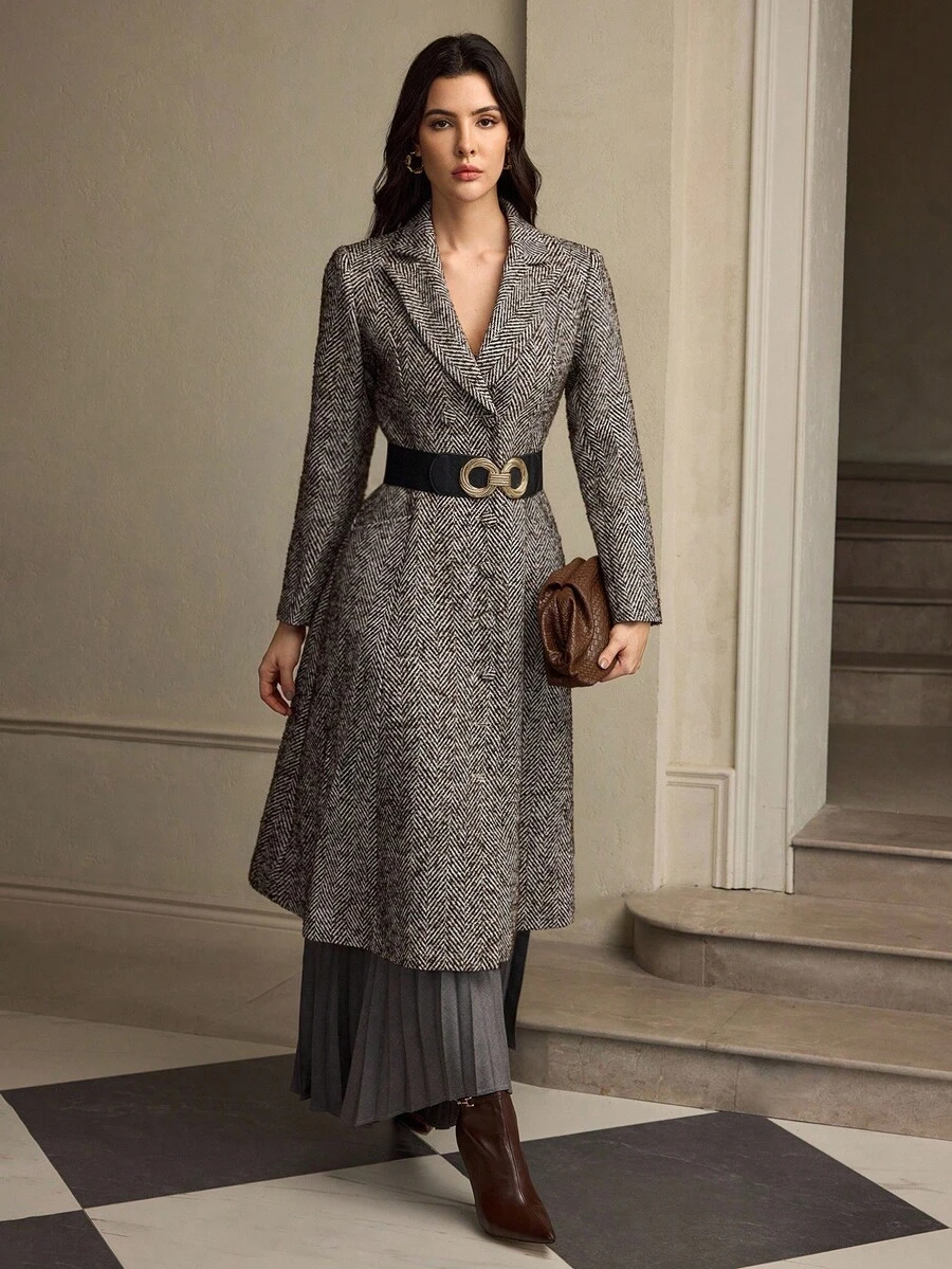 ZEYLAH Áo khoác dài thắt eo thêu cho nữ, mùa thu/đông - Cà phê nâu - Xem 1