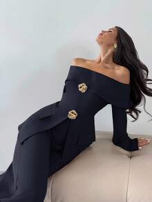 Firerie 女士优雅露肩长袖上衣和裤子两件套，适合秋冬通勤 - 藏蓝色 - 查看 1
