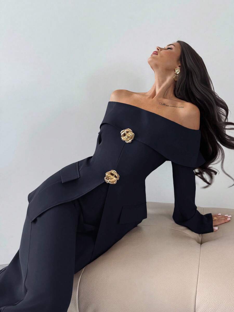 Firerie 女士优雅露肩长袖上衣和裤子两件套，适合秋冬通勤 - 藏蓝色 - 查看 1