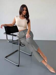 Firerie 女士优雅简约高腰口袋拉链修身杏色九分裤，适合通勤、办公室和日常穿着 - 灰色 - 查看 7