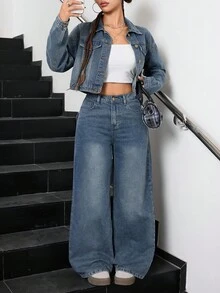 SHEIN 2pcs/Set Teen Girl Y2k Blue Denim Lapel Short Jacket And Loose Fit Pants, Two Piece Denim Set, Jean 2 Piece Set, Wide Leg Jeans Girls, Teen Denim Outfit,2000s Style,Old Money Jeans Fall Winter