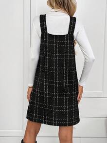 SHEIN LUNE 女士休闲格子口袋无袖粗花呢短连衣裙，日常百搭，秋冬款 - 黑與白 - 查看 2