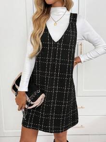 SHEIN LUNE 女士休闲格子口袋无袖粗花呢短连衣裙，日常百搭，秋冬款 - 黑與白 - 查看 5