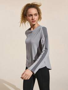 Easithlete 女式休闲拼色长袖户外T恤，秋季 - 灰色 - 查看 2