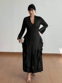 Viva Relle Váy maxi dài màu trơn cổ chữ V xếp nếp nhiều lớp cài nút thanh lịch, thiết kế tinh tế, không thể thiếu cho trang phục dự tiệc & sang trọng, cỡ lớn, thu/đông - màu đen - Xem 7