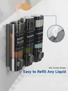 SHEIN 香皂浴室淋浴，室内液体皂、乳液和凝胶分配器，壁挂式无孔，透明棕色带标签锁，适用于浴室、淋浴、厨房，黑色、深灰色，两瓶装、三瓶装，300毫升/瓶，洗发水和沐浴露盒，壁挂式无孔皂液器，酒店洗手液按压瓶返校