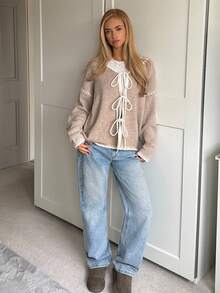 CovetEZ 女士休闲宽松长袖前系带针织毛衣上衣，适合日常穿着 - 卡其色 - 查看 3