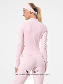 GLOWMODE Slim Fit Warm Hip Length 1/4 Zip Knit Long-Sleeve Top With Thumbholes Running Jogging Hiking Gym Training Daily Active Wear Sweat-Wicking - Baby Pink - View 2