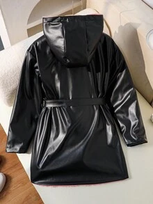 Áo khoác da giả dáng rộng có mũ trùm đầu dày, thắt eo cho bé gái tuổi mới lớn, phù hợp mặc hàng ngày, mùa thu/đông - màu đen - Xem 7