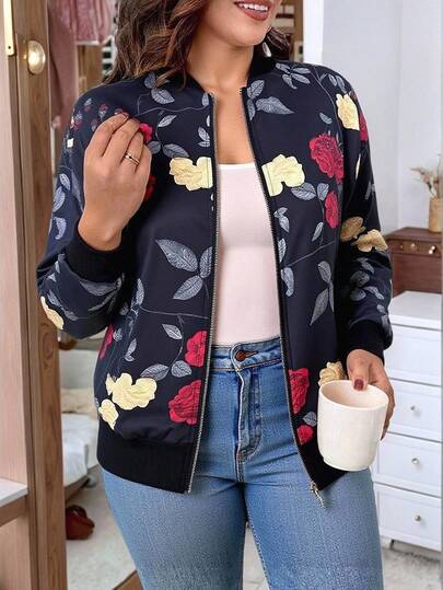 EMERY ROSE Plus Size Women's Elegant Minimalist Fashion Street Lightweight Digital Print Long Sleeve Round Neck Ribbed Zip-Up Short Jacket, Autumn