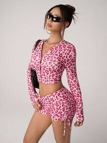 SHEIN ICON 2pcs/Set Women Fall/Winter Heart & Leopard Print Hoodie Top And Drawstring Waist Shorts - Pink - View 6