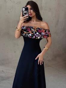 Aloruh 女士花卉亮片露肩连衣裙，优雅迷人 - 黑色 - 查看 4