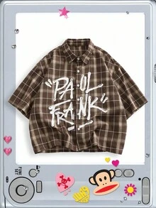 ROMWE MEN Paul Frank X ROMWE 男士休闲宽松字母、卡通和格子印花落肩衬衫，夏季时尚街头风格 - 棕色 - 查看 2