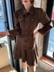 DAZY Gaun Denim Lipit Saku Warna Polos Kasual Wanita, Cocok untuk Sekolah Musim Gugur - Coklat - View 4