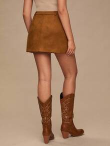 Enchnt Women's Brown And Gold Single-Breasted Cargo Pocket Mini Skirt,Elegant Fashionable Autumn Fall Clothes For Daily Commute,Date,Holiday,Office& - Brown - View 7