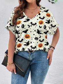 SHEIN LUNE 万圣节休闲南瓜和蝙蝠全身印花宽松大码女式 V 领短袖 T 恤套头衫，适合夏季