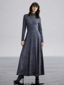 Airlisse Autumn/Winter High Neck Tie-Dye Effect Hollow Back Long Sleeve A-Line Dress For Women - Grey - View 2