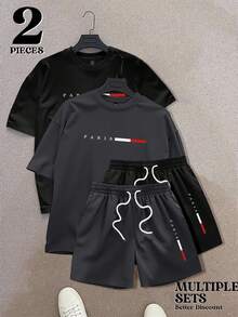 Manfinity Homme Multi-Piece Set Men's Fashion Versatile Short Sleeve + Shorts Set, Minimalist English Text Daily Wear, Round Neck Shorts Set, Multi-Piece Outfit