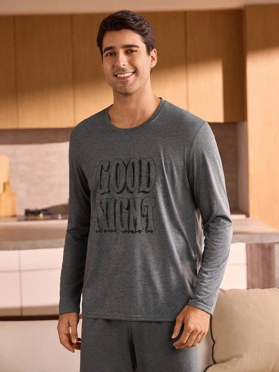 Manfinity Underwear&Sleepwear Basics Men's Round Neck Letter Print Breathable Comfortable Casual Homewear Top, Fall, Winter