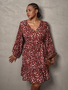 SHEIN Tall CURVE Plus Size Women Allover Print V-Neck Lantern Sleeve Ruffle Hem Casual Loose Dress - Orange - View 3