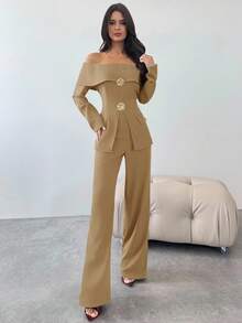 Firerie Damen elegantes Oberteil mit offener Schulter und Langarm sowie Hose, 2-teiliges Set, geeignet für den Alltag im Herbst/Winter