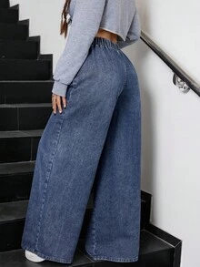 SHEIN Jeans azules de pierna recta y holgados para adolescentes - Azul lavado oscuro - Ver 2