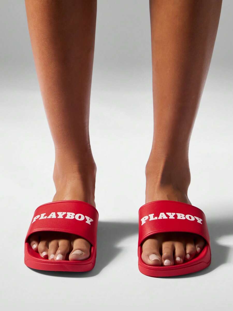 Missguided x Playboy 一脚蹬泳池拖鞋夏季沙滩拖鞋室内室外泳池浴室淋浴凉鞋防滑舒适鞋 - 紅色 - 查看 1