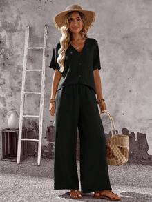 EMERY ROSE 女士纯色 V 领短袖上衣和宽松直筒裤 2 件套 - 黑色 - 查看 5