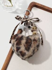 ROMWE Kawaii 1pc Fashionable Retro Personalized Acrylic Star Flower Brown Faux Fur Leopard Bow Heart DIY Keychain Bag Charm, Suitable For Women, Daily Wear, Holiday Gift - Brown-21 - View 4