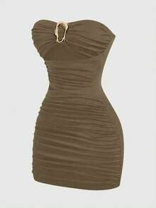 Sweetra Sexy einfarbiges minimalistisches gerafftes Bodycon Minikleid - Braun - Übersicht 5