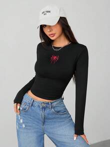 SHEIN PETITE 女士蜘蛛图案高弹针织长袖T恤 - 黑色 - 查看 3
