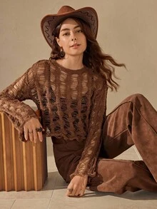 Wildy Fall Country Chic Winter Halloween Women's Casual Bohemian Hollow Out Long Sleeve Sweater Y2k Tops Boho Women Brown Western Wear Bohemian Airport Fall Sweater - Chocolate Brown - View 1