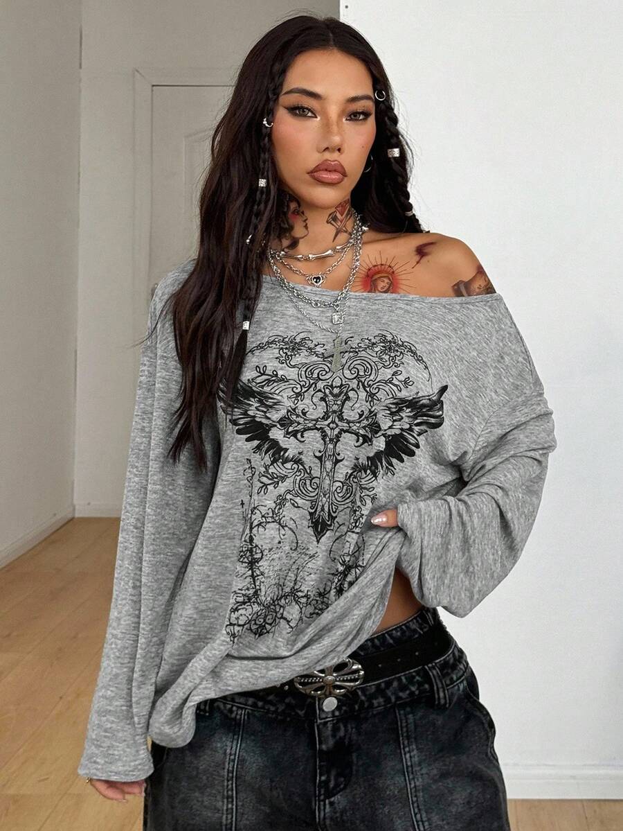 Coolane 女式春季哥特垃圾摇滚 Y2K 丘比特图案舒适不对称领口露肩长袖 T 恤，X Rafael Machado