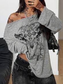 Coolane 女式春季哥特垃圾摇滚 Y2K 丘比特图案舒适不对称领口露肩长袖 T 恤，X Rafael Machado