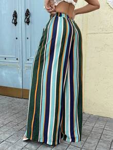 SHEIN ICON Women's Vacation Casual Colorblock Striped Wide Leg Pants