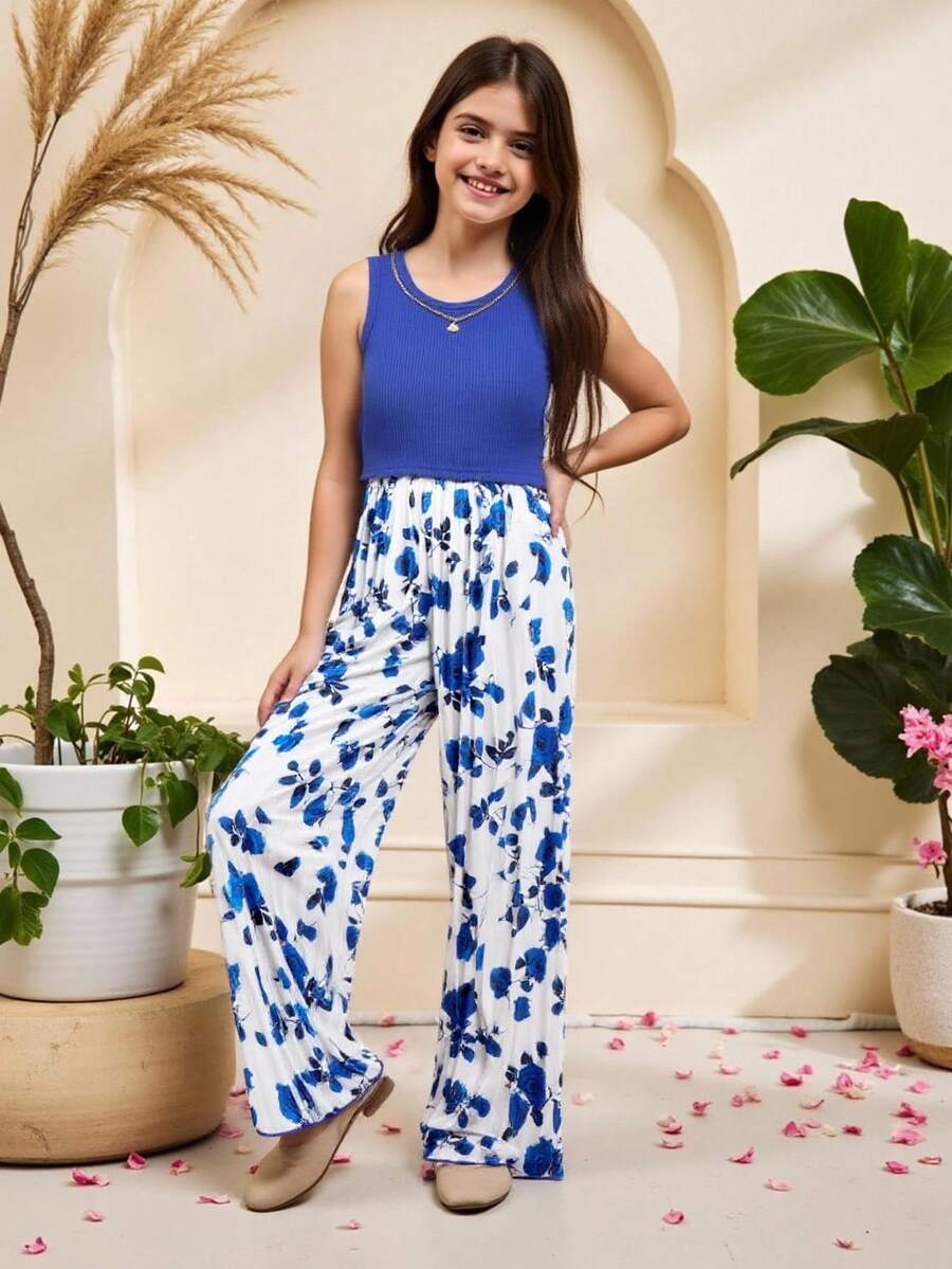 Tween Girl Solid Color Top And Floral Printed Pleated Wide Leg Pants Set - Royal Blue - View 1