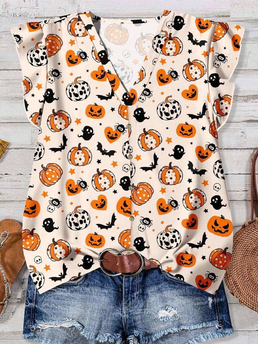 EMERY ROSE 女式休闲宽松 V 领衬衫，带飘袖，饰有万圣节南瓜怪异趣味图案，非常适合初秋和秋季假期 秋季万圣节衬衫 女式万圣节衬衫 女式万圣节上衣 万圣节上衣 可爱万圣节衬衫 - 彩色 - 查看 1