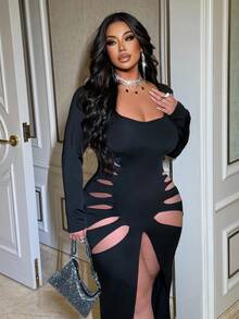 NU&NOW 大码时尚性感镂空高开叉修身连衣裙 - 黑色 - 查看 4