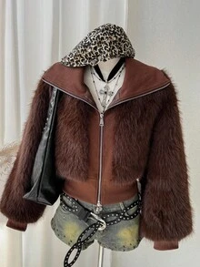 Comfortcana Knitted Patchwork Zipper Faux Fur Jacket, Autumn/Winter - Coffee Brown - View 6