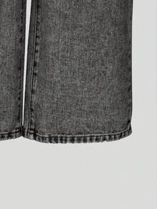 Sparklyn 青少年女孩休闲时尚浅蓝色牛仔色蝴蝶印花宽松阔腿舒适日常百搭校园休闲洗水牛仔裤 - 深灰色 - 查看 8