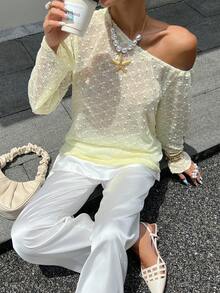 Chiquease Women's Pale Yellow Elegant Long-Sleeved T-Shirt,Autumn Holiday Tea Party,Hollow Lace Fabric,Off-Shoulder Solid Color Textured Fabric Versatile Top - Yellow - View 1