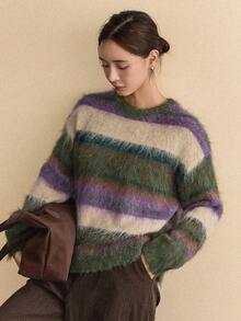 Dazy-Less 女士休闲宽松条纹落肩针织毛衣