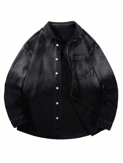 Chillumni Men's Autumn Long Sleeve Single-Breasted Pocket Casual Denim Shirt Punk Vintage Washed Black OVERSIZE Party Vacation For Denim Trucker Jacket