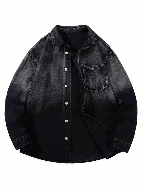 Chillumni 男士秋季长袖单排扣口袋休闲牛仔衬衫